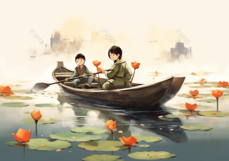 黄色盛夏清新姐弟荷塘戏水插画背景,插画/手绘图,插画/手绘图库,插画/手绘图下载,插画/手绘